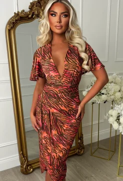 Venus Vibes Multi Zebra Print Ruched Side Midi Dress