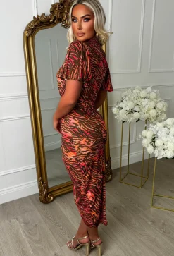 Venus Vibes Multi Zebra Print Ruched Side Midi Dress