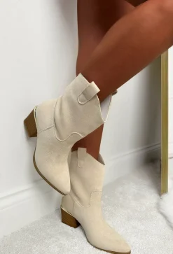 Western Girl Beige Faux Suede Ankle Boots
