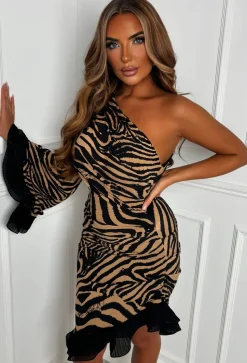 Wild & Frilled Taupe Animal Print Frill One Shoulder Dress