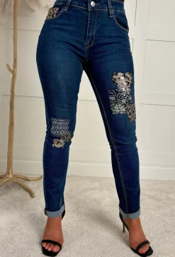 Wild Patch Dark Blue Stretch Sequin Patchwork Leopard Jeans