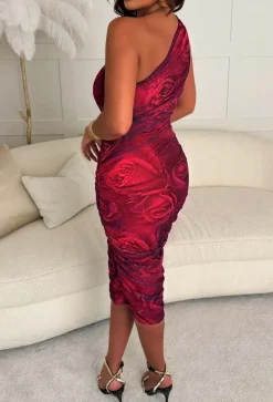 Wildest Love Pink One Shoulder Stretch Mesh Lined Ruched Midi Dress
