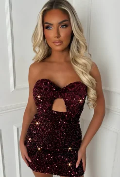 Wrap Me Up In Sparkle Burgundy Bow Front Sequin Bandeau Dress