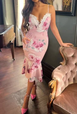 Wrapped In Love Pink Floral Lace Trim Midi Dress