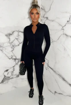 Zip Me Up Black Long Sleeve Waist Cinching Zip Up Unitard